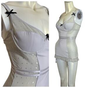 Victoria's Secret Gray Teddy 34B Sexy Little Things Underwire Garter Swiss Dot